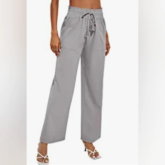 Women's Cotton Linen Pants Loose Elastic Waist Beach Trousers Size Large Gray - Picture 1 of 4